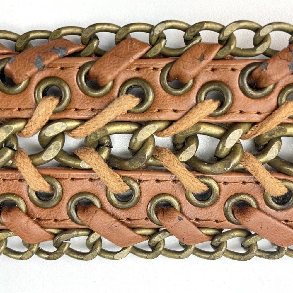 Vintage Boho 90s‎ Womens (32) Wide Brass Chain Leather Lacing Tan Belt Western
